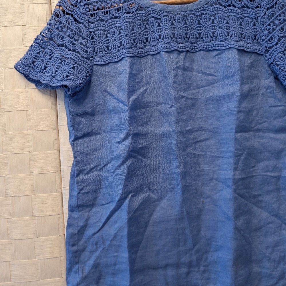 J.Crew Blue 100% Linen‎ Crochet Lace Yoke Short Sleeve Top C3489 Size 0 - Picture 7 of 14